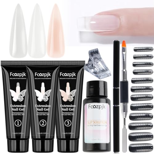 Fcozpjk Poly Extension Gel Nail Kit, Clear White Pink Builder Nail Gel Kit With Slip Solution Dual Nail forms, Nail Clips for Poly Gel, Nail Starter Kit, Home Manicure Set - Nude
