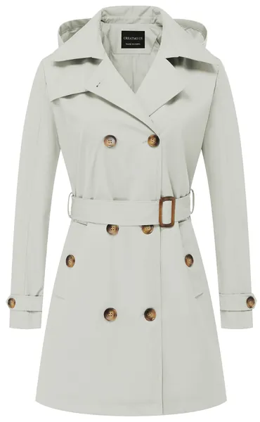 CREATMO US Women's Trench Coat Double-Breasted Classic Lapel Overcoat Belted Slim Outerwear Coat with Detachable Hood - X-Small - Off-white