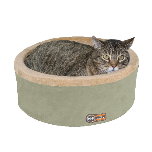K&H PET PRODUCTS Thermo-Kitty Bed Heated Cat Bed Large 20 Inches Sage/Tan - Large (20 in) Recyclable Box