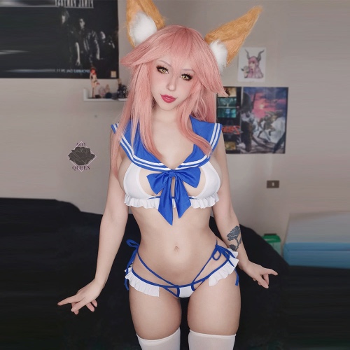 Sexy School Girl Lingerie Japanese Sailor Collar Bowknot Hollow Bikini Set Asian School Girl Costume | L / Blue-White