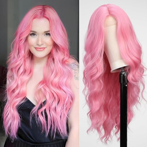 starluck Long Pink Wavy Wig for Women 26 Inch Middle Part Curly Wig Natural Looking Synthetic Heat Resistant Fiber Wig for Daily Party Use - Pink