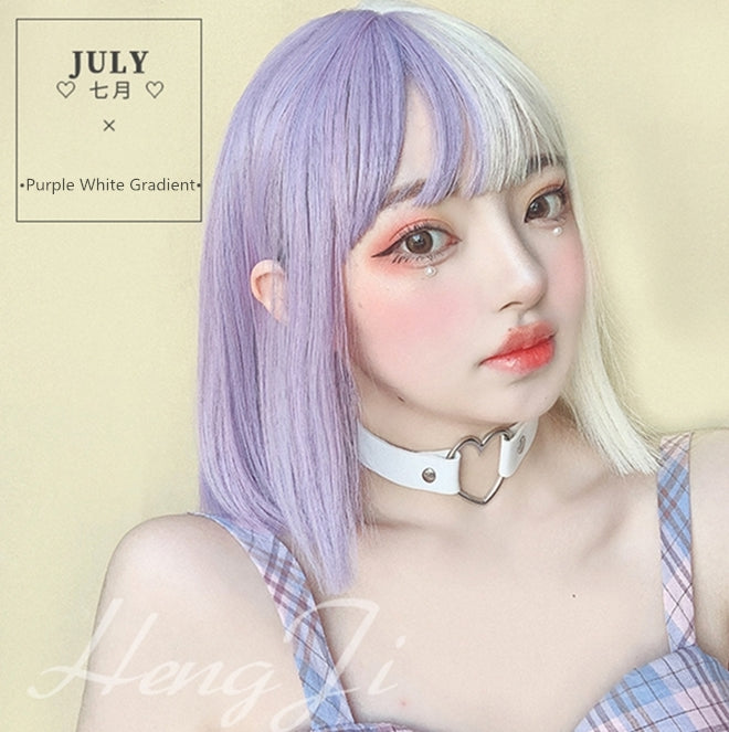 Hengji Wig July Purple White Gradient 33cm Straight Lolita Daily Cosplay Wig Synthetic Heat Resistant Fiber