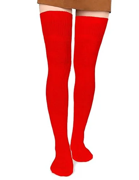Women Thigh High Socks Extra Long Cotton Knit Warm Thick Tall Long Boot Stockings Leg Warmers - One Size - Christmas Red