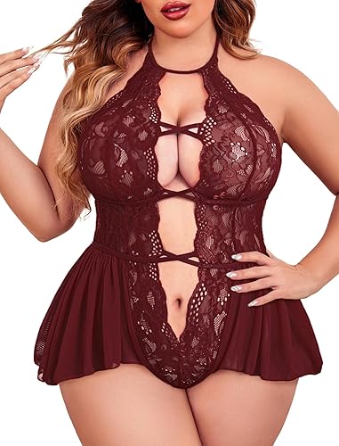 Avidlove Womens Plus Size Lingerie Lace Bodysuit Teddy Deep V One Piece Lace Babydoll - Dark Red - 3X-Large