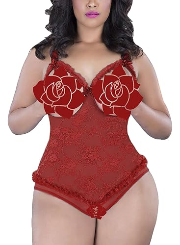 ALLureLove Plus Size Lingerie for Women Sexy One-Piece Teddy Valentine's Day Lingerie Bodysuit - Wine Red - 3X-Large