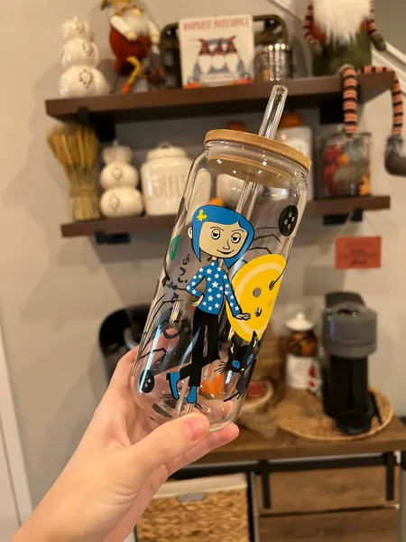 CORALINE COFFEE CUP, Coraline Gift, Iced Coffee Glass Mug, Beer Can Glass, Soda Can Glass, Coraline Iced Coffee Glass, Coraline Cat