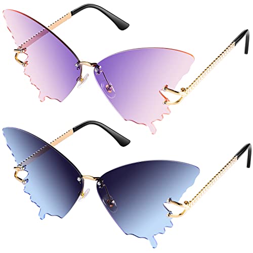 Weewooday 2 Pairs Butterfly Sunglasses Butterfly Rimless Sunglasses Butterfly Glasses Eyewear for Women Men - Purple and Pink, Gray and Blue
