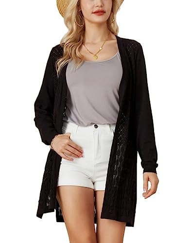 GRACE KARIN Women's Summer Crochet Lightweight Cardigan Sweater Long Kimono Coverups 2023 - Black - Large