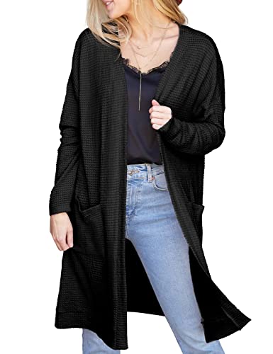 DOUBLJU Women's Open Front Cardigan with Pockets Oversized Long Sleeve Lightweight Coat Sweater - X-Large - Black