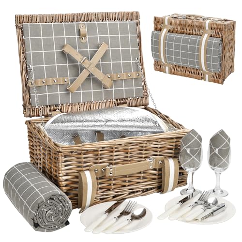 Wicker Picnic Basket for 2 - Willow Basket with Waterproof Picnic Blanket | Willow Picnic Set with Insulated Cooler | Wicker Hamper with Cutlery Kit | Gift Basket for Christmas, Thanks Giving, Grey - 16x12x7inch - Gray