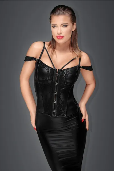 Noir Handmade Corset with Lace and Powerwetlook - L