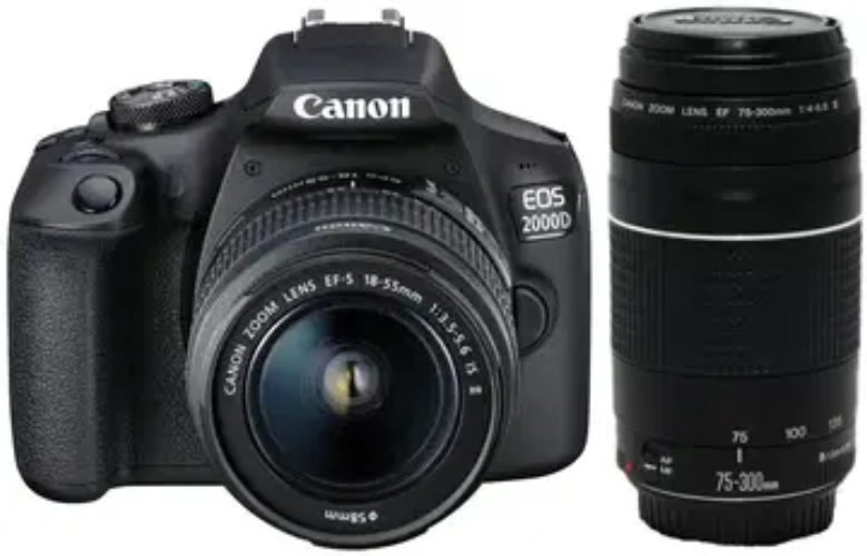 Canon EOS 2000D + 18–55 mm IS II + 75–300 mm DC III