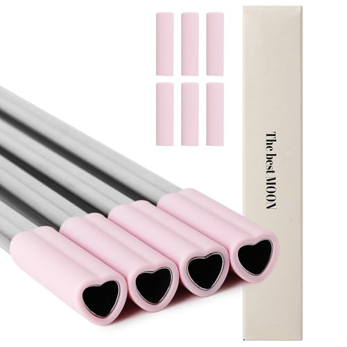 The best MOON Set of Heart Shaped Stainless Steel Reusable Straws with Silicone tips (Set of 4 straws + 6 silicone tips) for Valentines day Christmas Birthday gift - Set of 4 straws + 6 silicone tips