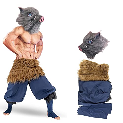WELLMILLER Inosuke Cosplay Costume Pants Apron Suit Full Set with Inosuke Mask for Adult Men Women - Mask& Pants Skirt - Medium