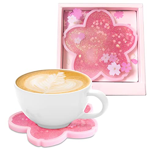 MOALY Sakura Coasters, Cherry Blossom Quicksand Flash Coaster Cute Quicksand Glitter Drink Coasters Non-Slip Insulation Coasters for Home Decor Sakura, Pink, 4.72IN - Pink