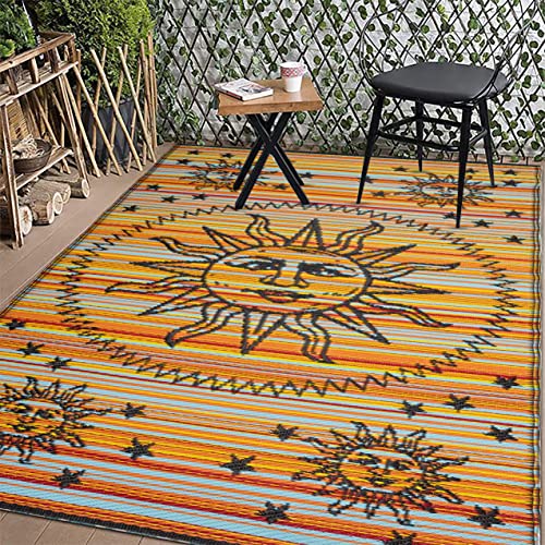 Eleet Reversible Outdoor Rugs for Patio - 3x5 ft Outside Area Rug, Portable RV Carpet, Plastic Straw Mats for Porch, Pool Deck and Camping (3x5 Feet, Sun Moon Orange) - 3 x 5 ft - Sun Moon Orange
