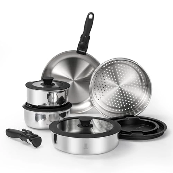 ROYDX Pots and Pans Set, 16 Piece Stainless Steel Kitchen Removable Handle Cookware Set for All Stoves, Suitable for Home, RV, Boat, Camping, Space Saving，18/10 (PFOS, PFOA, PTFE Free)