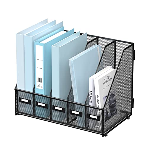 SUPEASY Desk Organizers Metal Desk Magazine File Holder with 5 Vertical Compartments Rack File Organizer for Office Desktop, Home Workspace, Black - Black - Standard