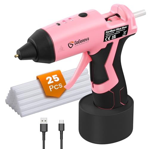 Cordless Hot Glue Gun, GoGonova 15s Fast Preheating 5Ah Built-in Battery Hot Melt Glue Gun, Smart Power-Off, Kit with 25 Pcs Premium Mini Glue Sticks and USB-C Charging Port (Pink) - 5Ah - Pink