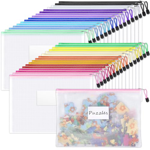 Sooez 32 Pack Mesh Zipper Pouch Bags, A4 Letter Size, Zipper Bags with Label Pocket, Waterproof Zipper Pouches for Classroom Organization, Board Game Storage, Document Bag for Office School Supplies - 32 Pack
