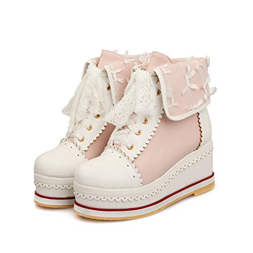 HILIB Women's Cute Lolita Boots Cosplay Brogue Wedge Boots - Pink - 5
