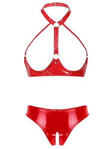 YiZYiF Womens 2 Piece Lingerie Set Stretch Vinyl Shelf Bra Quarter Cup Bra Tops with Panties Teddy - Red a - Medium