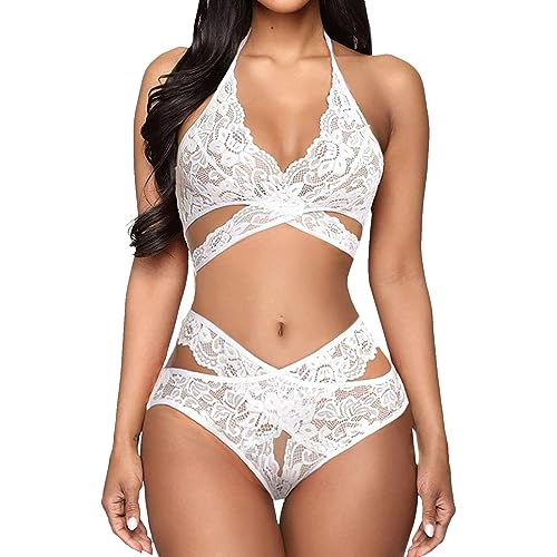 Sexy Lingerie for Women Sexy Naughty Strappy Halter Neck Bra and Thong Sets Hollow Out Embroidered Teddy Babydoll Underwear - White - Large