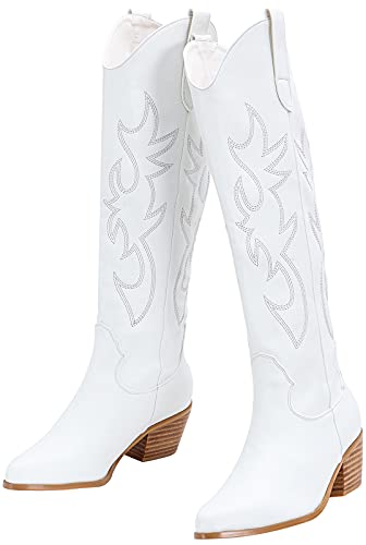 Women's Embroidered Western Cowboy Boots Knee High Stitching Almond Medium Heel Chunky Heel 5cm Pointed Toe Fashion Retro Classic Boot Pull-On - 7 White