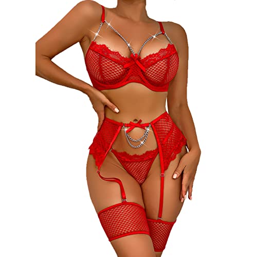 See Through Fishnet Garter Set Lingerie for Women for Sex Naughty Sexy Chain Strappy Eyelash Lace Underwire Bra and Panty - Medium - Red