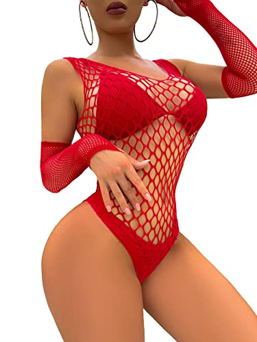 OYOANGLE Women's Fishnet Bodystocking Criss Cross Mesh Stockings Lingerie One Piece Bodysuit - One Size - Dark Red