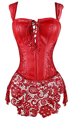 Blidece Women's Punk Rock Faux Leather Steampunk Corset Set Retro Goth overbust steel Bustier with Skirt - Medium - Red With Skirt