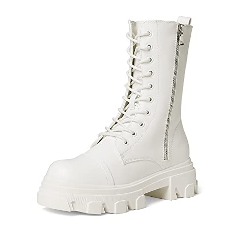 DREAM PAIRS Women’s Combat Boots Lace up Mid Calf Boots Low Heel Chunky Platform Lug Sole Boots - 7.5 - White