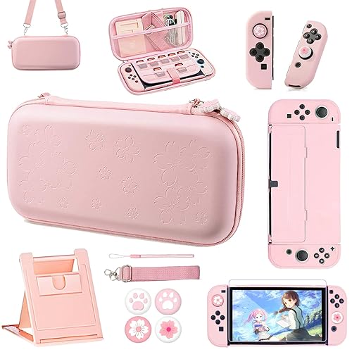 OLDZHU Pink Travel Carrying Case Accessories Kit Compatible with Nintendo Switch OLED 2021,10 in 1 Protection Kits with Hard Protective Cover,Glass Screen Protector,Adjustable Stand,Thumb Grip Caps - Switch OLED