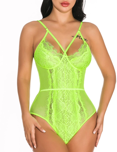 EVELIFE Women's Eyelash Lace Bodysuit Naughty One Piece Teddy Lingerie Underwear