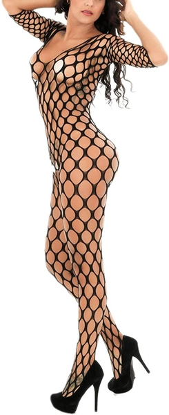 Pink Bodystocking Fairy Women Lingerie Fishnet Bodysuits Nightwear for Romantic Date Long Sleeve Babydolls Mini Dress Mesh Stockings Tights Free Size - Rose