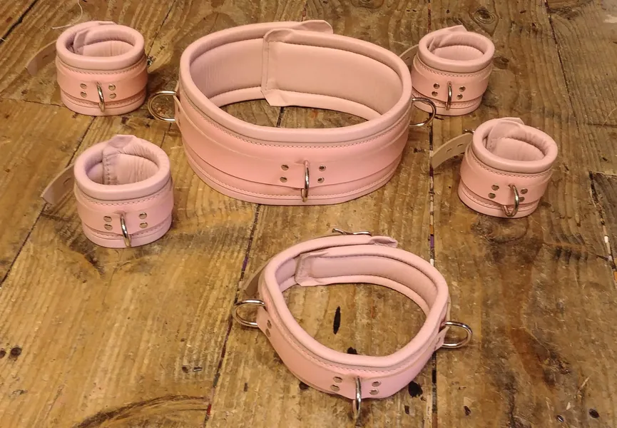 Pink [REDACTED] Real Leather Wrist and Ankle Cuffs and Heavy [REDACTED] Belt and CollarANY COLOUR!!