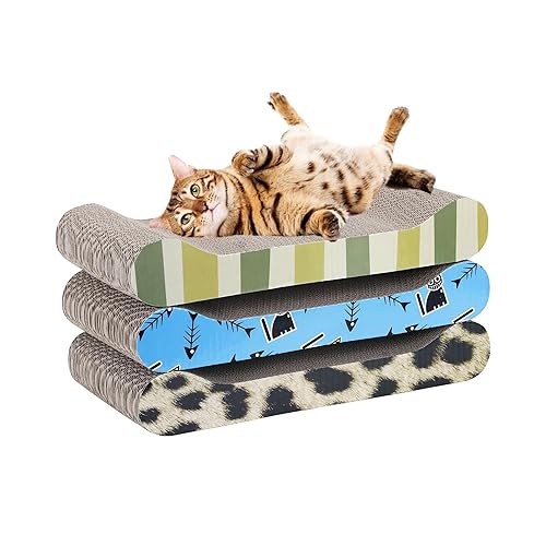 Milo & Misty Cat Scratching Boards – Cardboard Cat Scratcher Pack of 3 with Catnip, Cat Scratchers for Indoor Cats, Durable Cat Lounger – 48x22x7cm