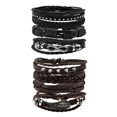 MILAKOO Leather Bracelet Black Brown Braided Wide Wristband Women Men Punk Jewelry Skull - B1:8 Pcs