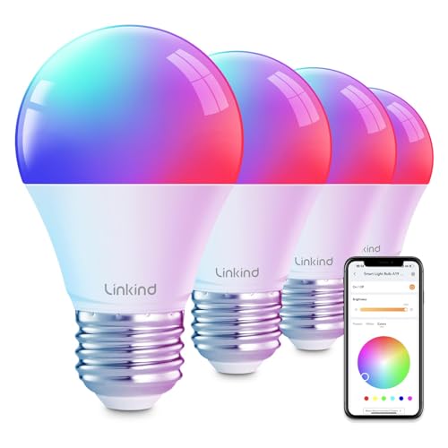 Linkind Smart Light Bulbs, Smart Bulb That Work with Alexa & Google Home, LED Light Bulbs Color Changing, Dynamic Preset Scenes, A19 E26 2.4Ghz RGBTW WiFi Light Bulbs Dimmable 60W, 800 Lumen, 4 Pack - 4 Count(Pack of 1)