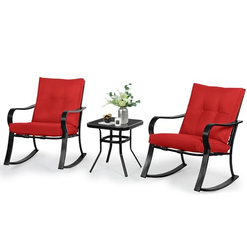 SOLAURA 3-Piece Outdoor Rocking Chairs Bistro Set, Black Iron Patio Furniture with Red Thickened Cushion & Glass-Top Coffee Table - Red