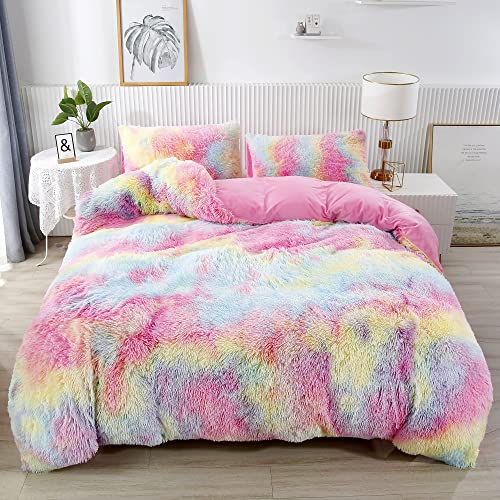 RYNGHIPY 3Pcs Rainbow Girls Bedding Sets Queen Size Ultra Soft Long Hair Plush Shaggy Duvet Cover with Pillowcases Colorful Tie Dye Bedding Set with Hidden Zipper Closure (Colorful Pink,Queen) - Queen (1 Duvet Cover + 2 Pillowcases) - Colorful Pink