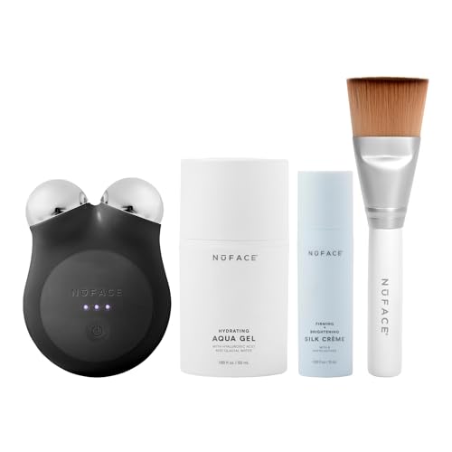 ⭐️ NuFACE MINI+ Microcurrent Facial Device Kit - FDA Cleared Face Sculpting & Skin Tightening Device to Contour, Lift & Tone + Microcurrent Gel Activator, Silk Crème & Applicator Brush - Midnight Black - Midnight Black