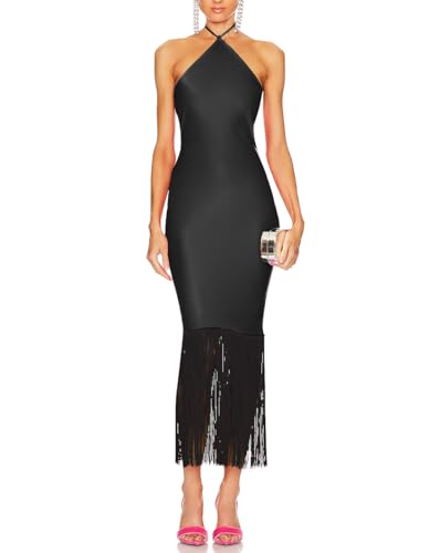 JLCNCUE Women Halter Straps Bodycon Fringe Evening Gown Elegant Sleeveless Open Back Tassels Cocktail Party Dress 262 - Small - Black