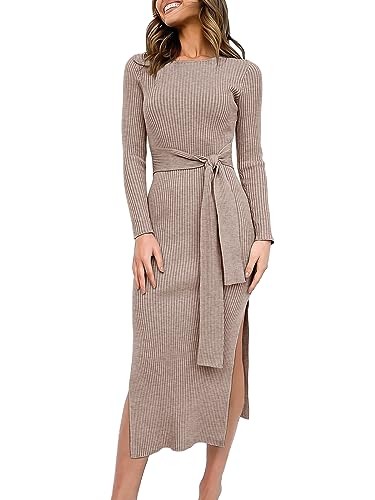 ANRABESS Women's 2023 Fall Elegant Sweater Dress Long Sleeve Crewneck Tie Waist Slim Rib Knit Slit Bodycon Midi Dress - Camel - Small
