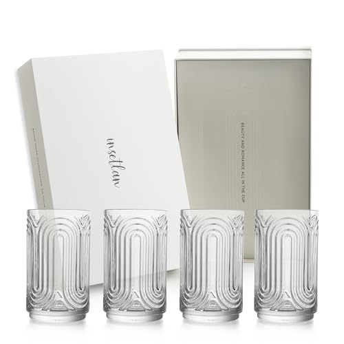 INSETLAN Vintage Art Deco Glassware | Glass Cups Set of 4 | 14 Oz Thick Bottom Cocktail Glasses, Highball Glass Fabulous Gift Box, Embossed Ripple Glassware, for Water, Wine, Juice, Mixed Drinkware - Clear