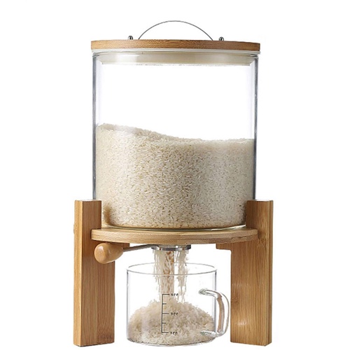Flour and Cereal Container, Rice Dispenser 5L/8L, Creative Glass Food Storge Container for Kitchen Organization and Pantry Store, Airtight Lid and Wooden Stand5L - 5L