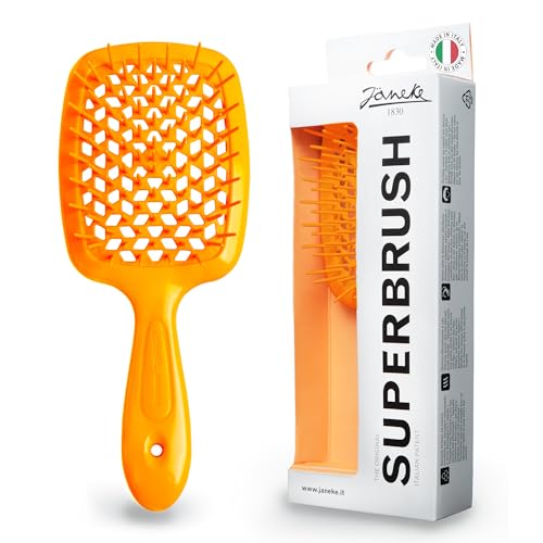 Janeke Superbrush Detangler Brush Anti-static Hairbrush Easy For Wet or Dry Use Flexible with Nylon Bristle Great for All Hair Types - Long Thick Curly -The Original Italian Patent (Pink) - Orange Neon