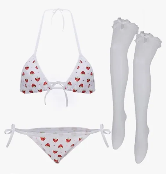 Sexy Lingerie Set for women Anime Bra and Panty Sets with High Stockings Japanese Cosplay Kawaii Thong Bikini (Strawberry 3): Clothing, Shoes & Jewelry