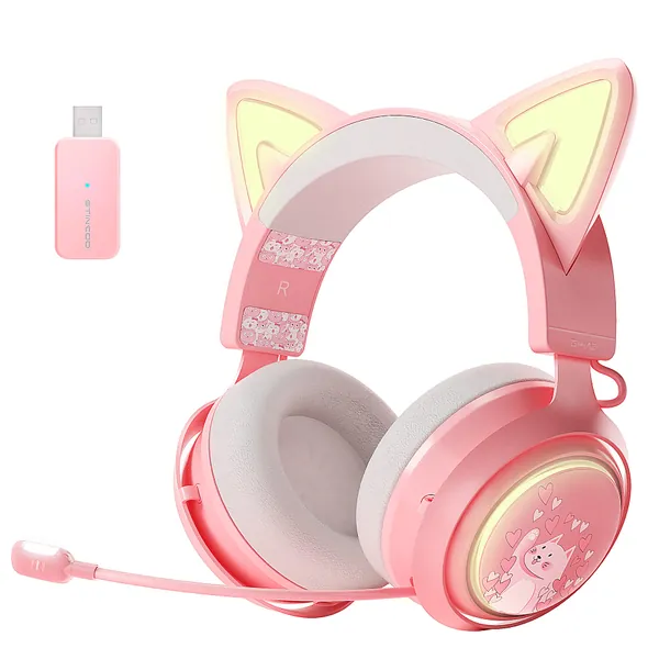 SOMIC GS510 Pink Cat Ear Headsets 2.4G Wireless Gaming Headphones with RGB Light, Retractable Mic Noise Cancelling, Stereo Sound,10H Playtime for PS5/ PS4/ PC (Pink)