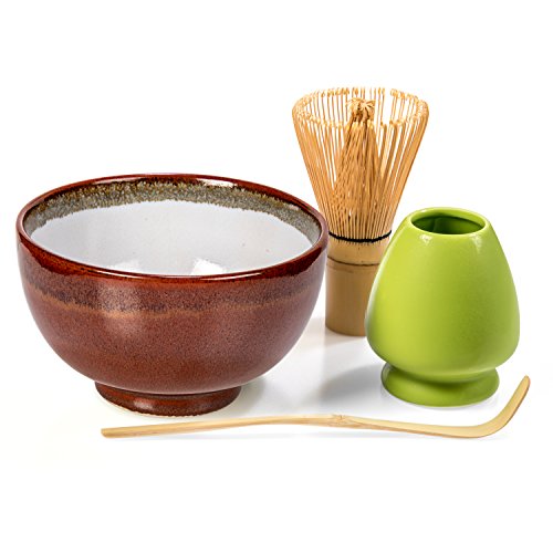 Tealyra - Matcha - Start Up Kit - 4 Items - Matcha Green Tea Gift Set - Japanese Made Red Bowl - Bamboo Whisk and Scoop - Whisk Holder - Gift Box - Red